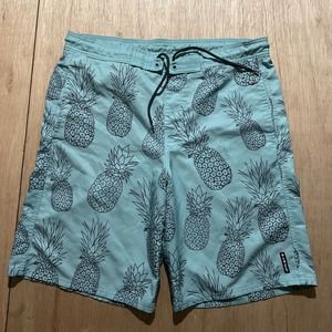 Airwalk Swim Trunks Mens Size Medium Turquoise Pineapple Novelty Print Tie Front